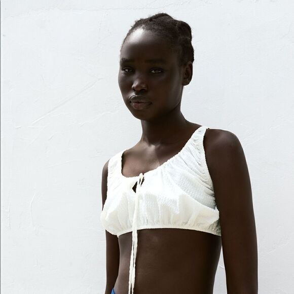 Zara Textured Cotton Linen Blend Smocked Back Crop Top White Large NWT - Picture 7 of 12